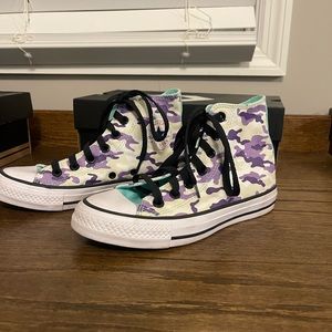 Teal white and purple camo high top converse